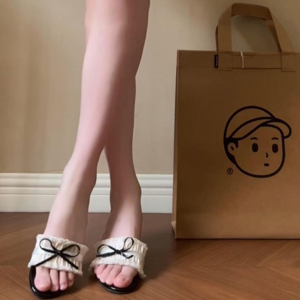 Beautiful feet bow casual summer high-heeled slippers women wear small fragrant style not tired stiletto sandals