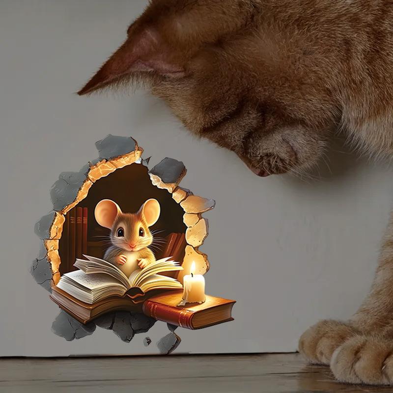 Creative Cartoon Mouse Reading Book in Mouse Hole Wall Sticker Self-Adhesive Removable for Kids Room Study Room Classroom Home Decor Art