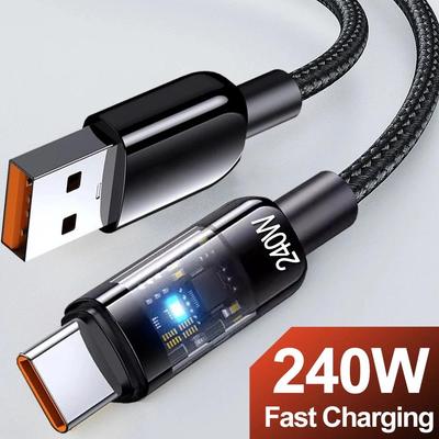 Cabo de Dados USB A para Tipo C 240W PD Transparente de Carregamento Rápido para Celulares Mi Huawei Samsung Android Cabo USB C para Carregador