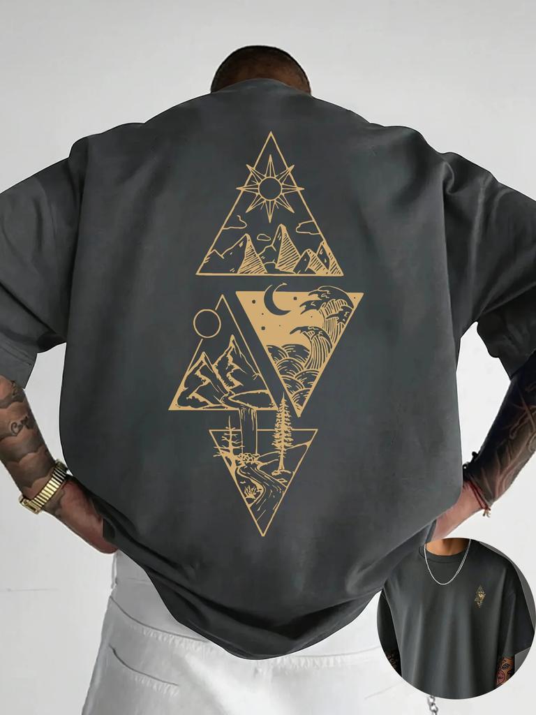 Reine Baumwolle Unisex Geometrisches Dreieck T-Shirt Berg Sonne Mond Natur Druck Kurzarm Tee Unisex Unisex Streetwear