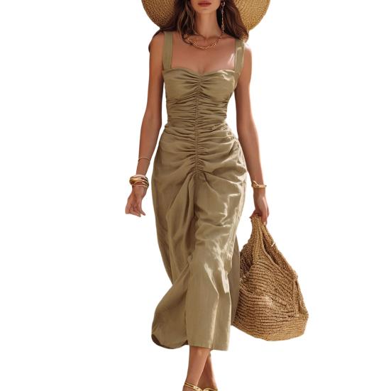 Summer Women Long Dress Solid Color Wide Straps Pleated Midi Dress Breathable Casual Sleeveless Slim Fit Above Ankle Length Dress