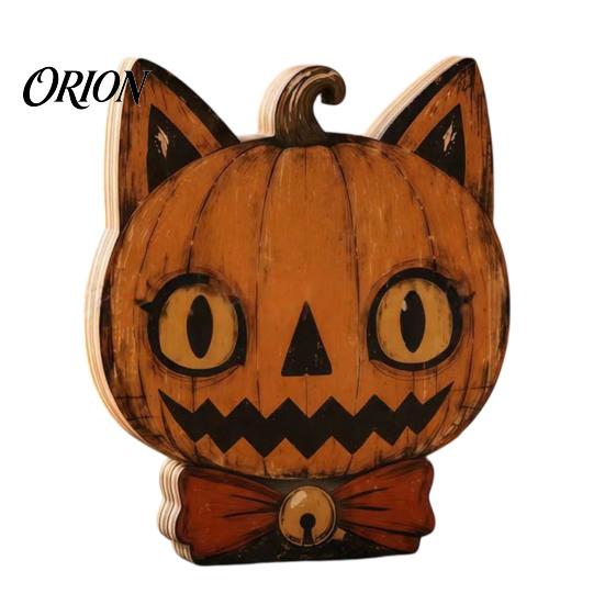 Atmospheric Retro Interior Ornaments Halloween Wooden Ornaments, Distressed Pumpkin/Cat Decorations, Desktop & Wall Artistic Home Office Decor Decors