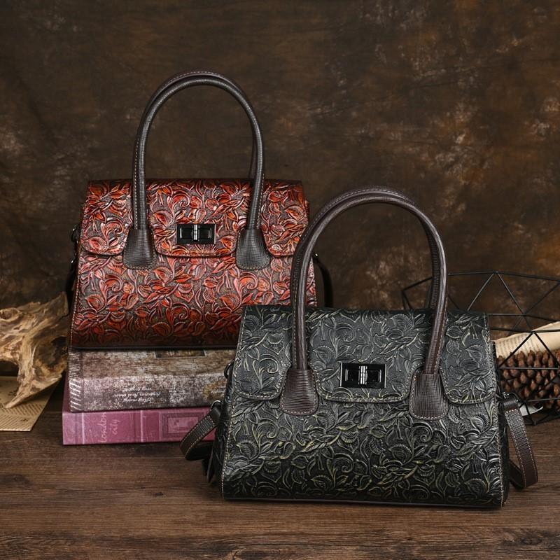 Johnature Retro kabelka z pravé kůže Ženy Ručně vyráběná embosovaná hovězí kůže Velkokapacitní kabelky přes rameno a crossbody