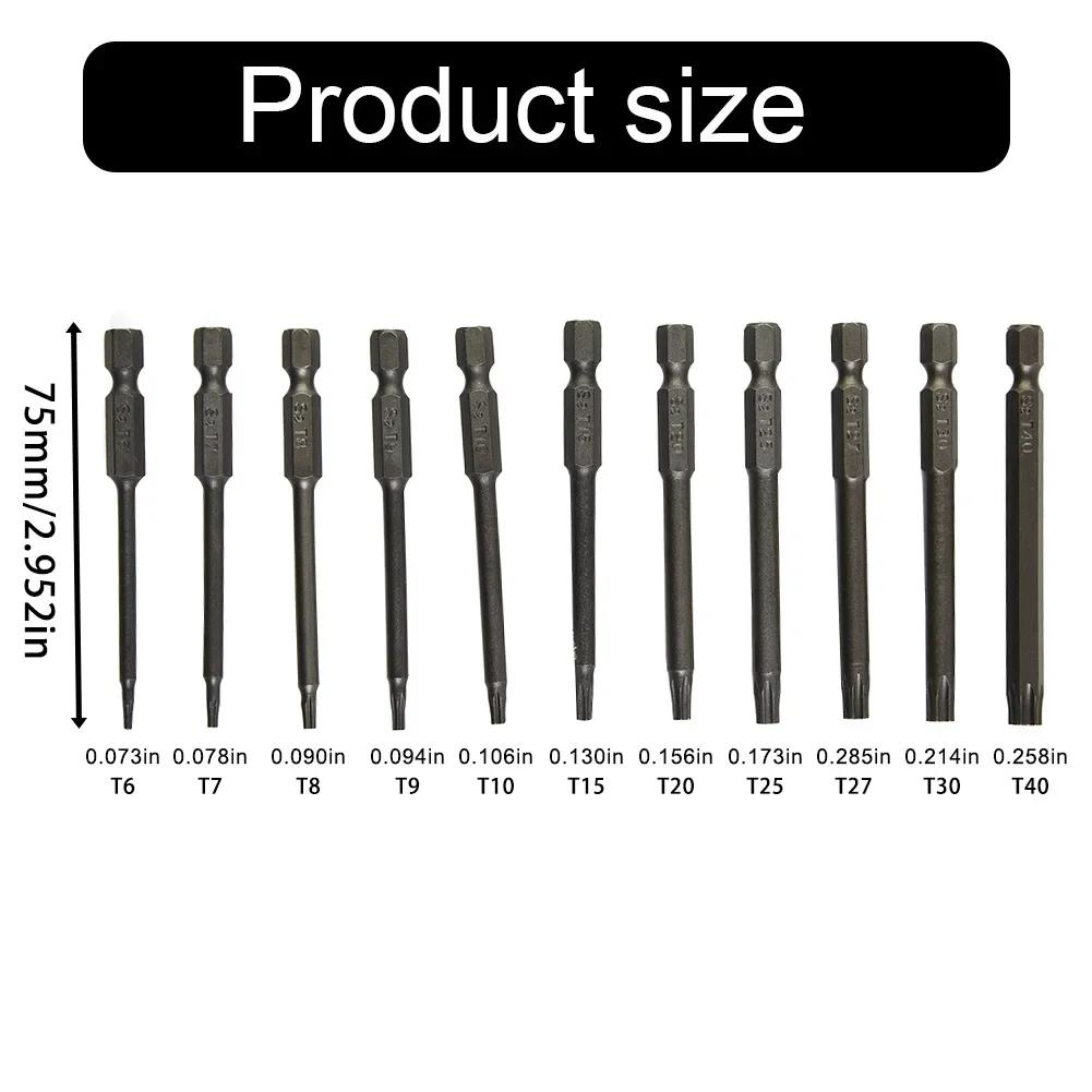 11pcs Torx Screwdriver Bit 6.35mm Hex Shank Magnetic Security Tip T6-T40 Driver Bit 50/75/100mm Electrician Repairing Tool