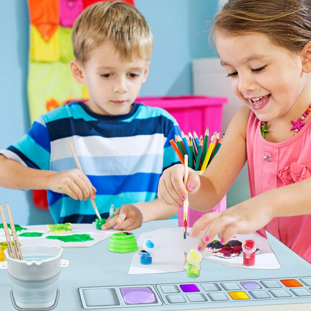 Drawing Mat Silicone Painting Mat with Cup Non-Stick Art Mat with Brush Cleaner Pen Holder DIY Clay Art Palette