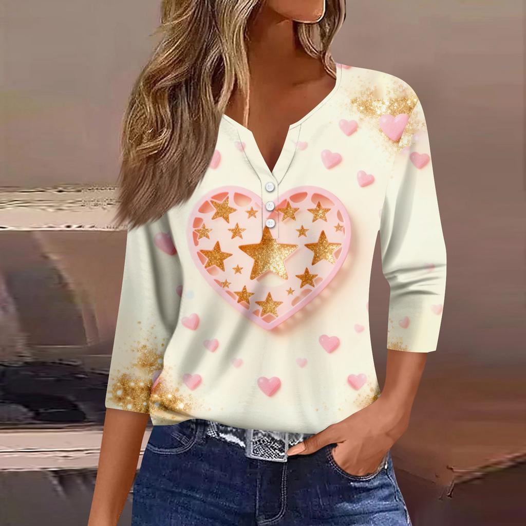 Women's Fashion Button-Up V-Neck Three-Quarter Sleeve Valentine's Day Print Top