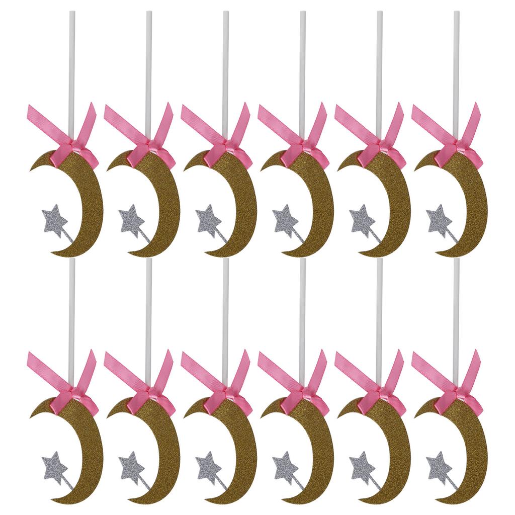 12Pcs Cake Insert Golden Moon Star Cake Topper with Pink Bowknot Wedding Birthday Party Decoration