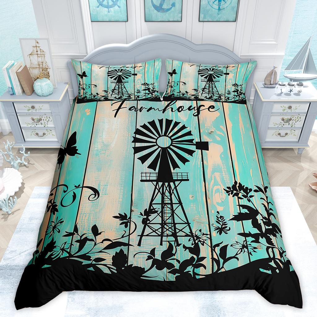 Comforter Homewish Rustic Farmhouse Retro Windmill Old Barn Door Bedding Set Vintage Lodge Cabin Comforter Set