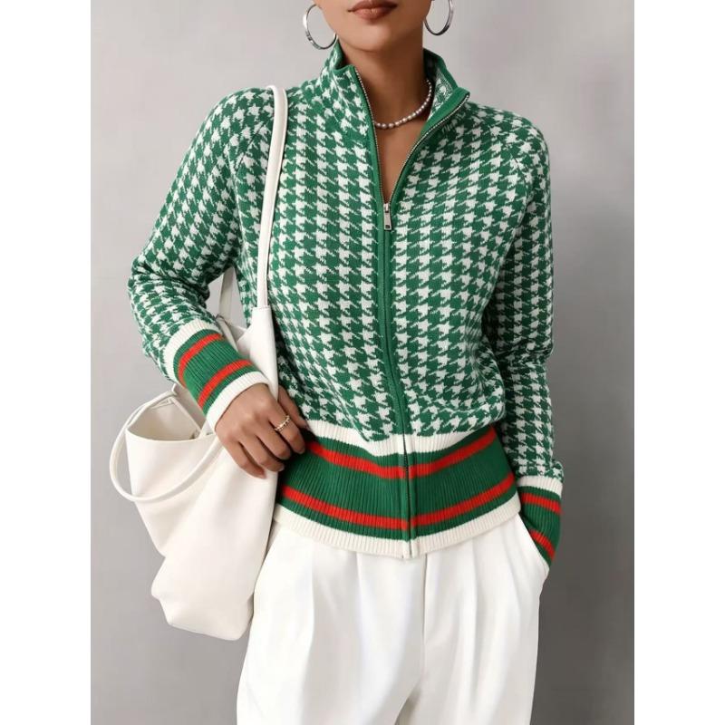 Womens Houndstooth Hooded Zip Up Thick Loose Knit Cardigan Sweater Outerwear