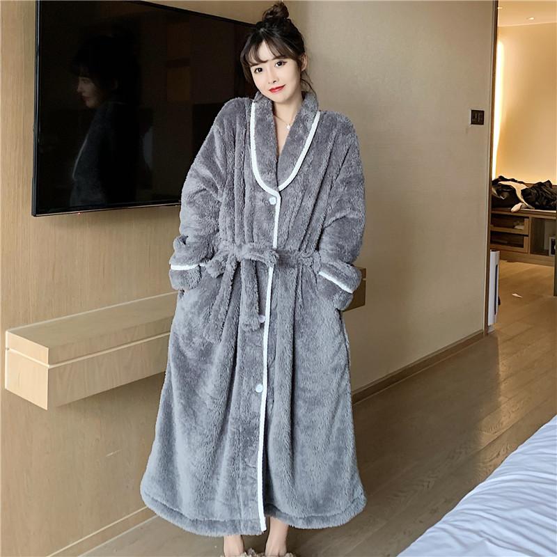 Winter Women's Pajamas Thickened Warm Solid Color Bathrobe with Straps Cardigan Plush Pajamas for Women