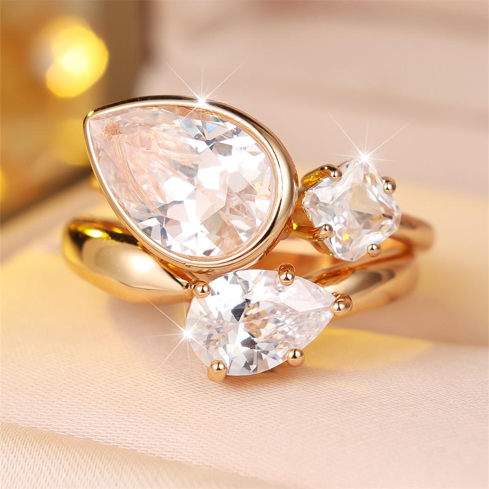 S/set White Zircon Water Drop Stone Ring Sets For Women Vintage Gold Color Engagement Bands Wedding Jewelry Accessories