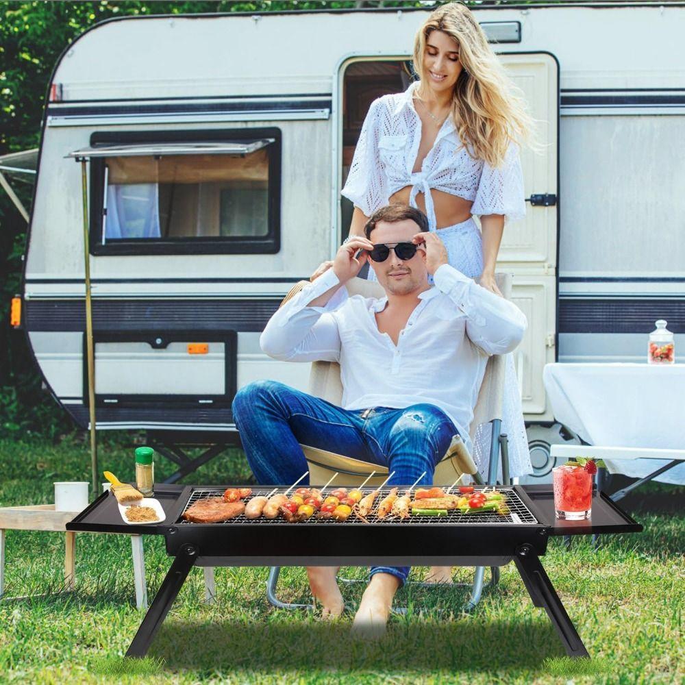 New Stainless Steel Barbecue Charcoal Grill Folding Portable BBQ Grill With 2 Side Tray Tabletop Grill Camping Hiking