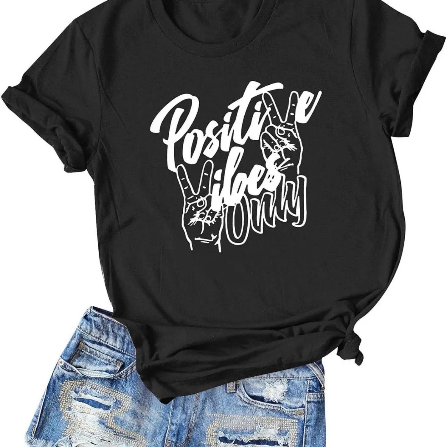 Nlife Women Positive Vibes Letter Victory Sign Short Sleeve Casual Tee Shirts S чёрный