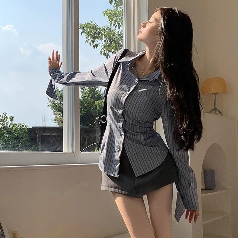 Korean Blue Striped Long Sleeve Shirt Jacket Women's Spring Design Waist Cinching Slimming Top Women Clothing