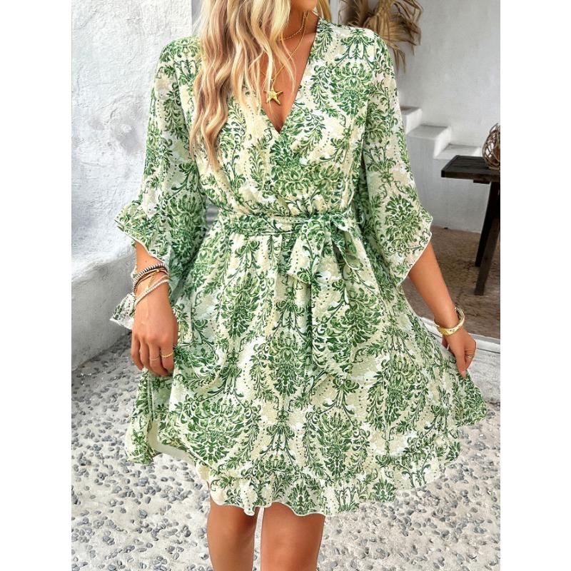 Women's Summer Vacation Casual Printed Lace-up Chiffon Dress