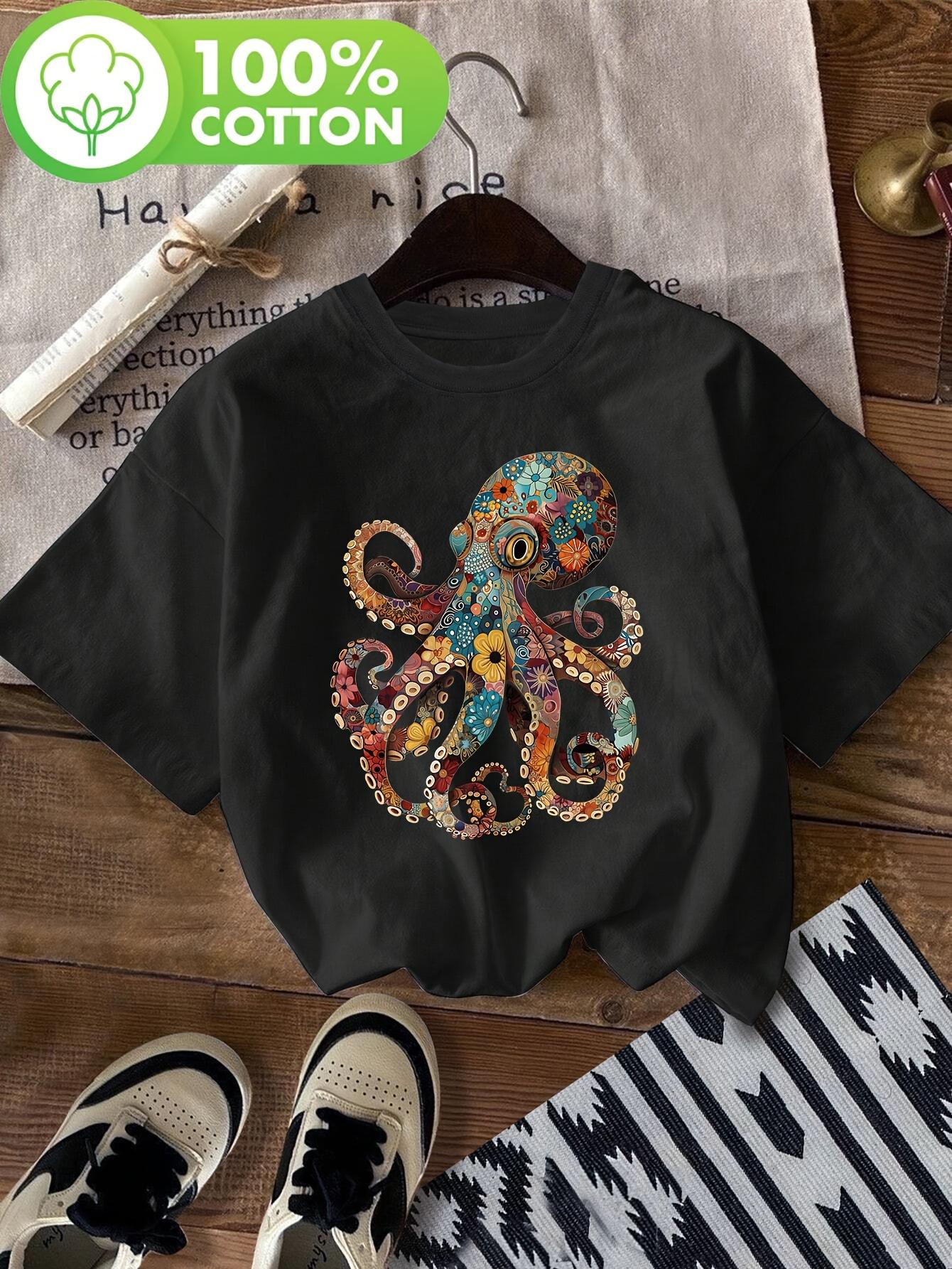 

Octopus Floral Print T-Shirt, Short Sleeve Crew Neck Casual Top for Summer And Spring, Women S Clothing 5XL різнокольоровий