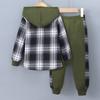 Kids Clothes Autumn/Winter Boys' Long-Sleeved Checkered Contrast-Colour Hooded Two-Piece Set (Top + Trousers)