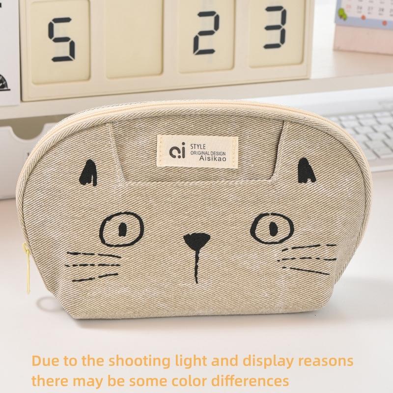 Pisică desen animat drăguță etui de creioane Geantă de papetărie din denim Geantă de depozitare pentru rechizite școlare de mare capacitate pentru studenți Etui multifuncțional