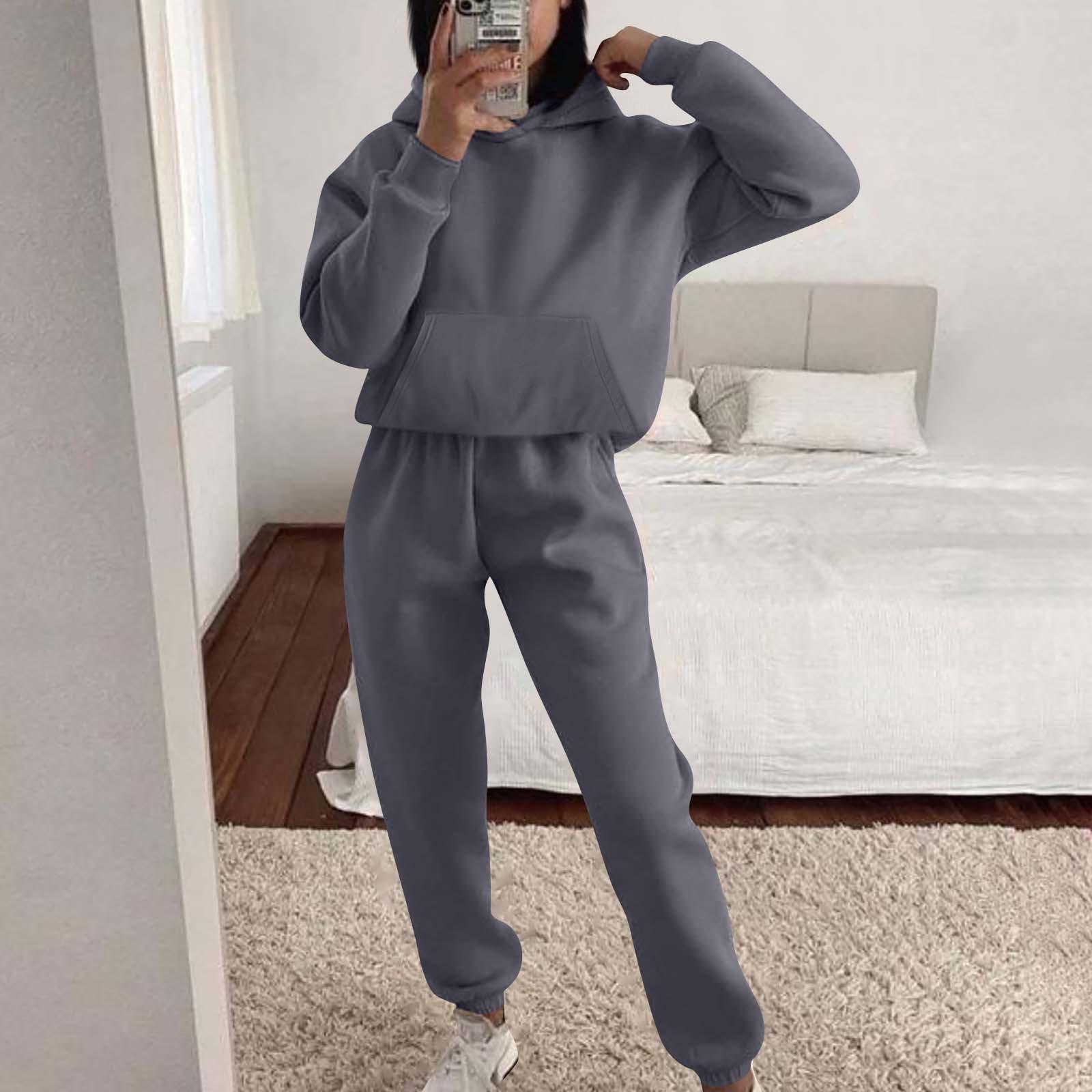 

Summer Women s Color Long Sleeve Hooded Top Casual Stretch Pocket Trousers Sports Workout Loose Soft Two-piece Set XXL