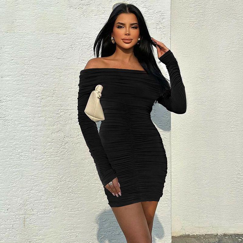 

Fashion Ins Fancy Pure Color Oblique Shoulder Long Sleeves Dress Autumn New Arrival Sexy Ruched Slimming Hip Skirt Black M