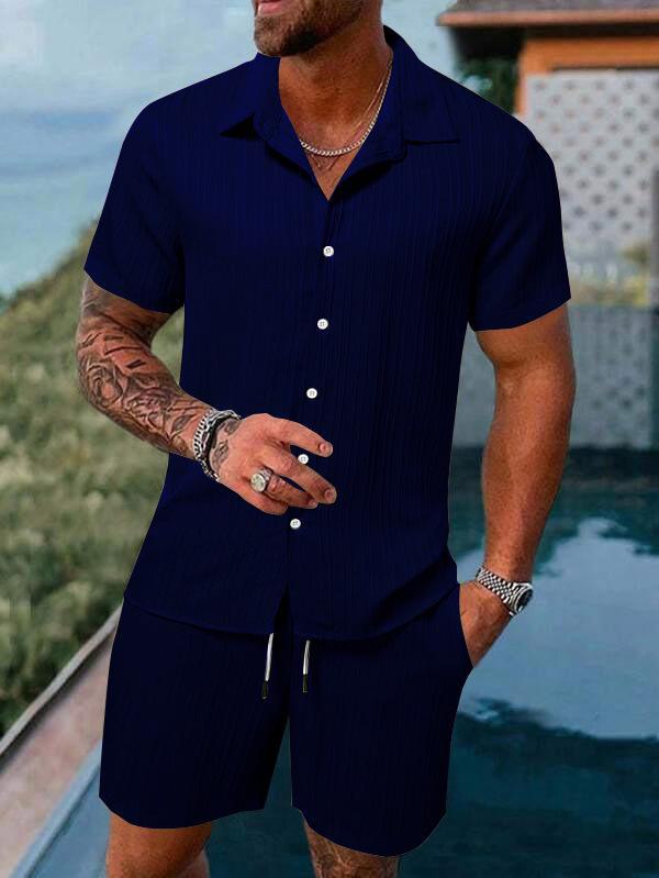 2023 Men's Casual Short-Sleeve Shirt and Shorts Beach Suit - European & American Summer Style