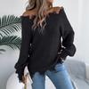 Women's Knitted Sweater for Autumn/Winter Solid Colour Lace-Up Long Sleeves Ragged Hem Off-Shoulder Pullover Loose-Fit Top