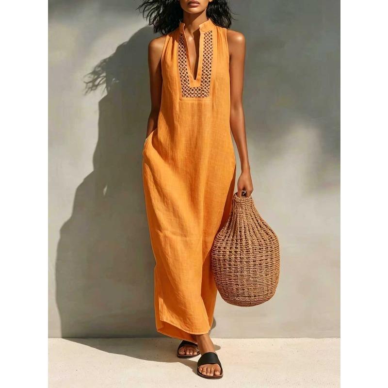 Summer White Sleeveless Hollow V-neck Dress, Holiday Style Loose Dress