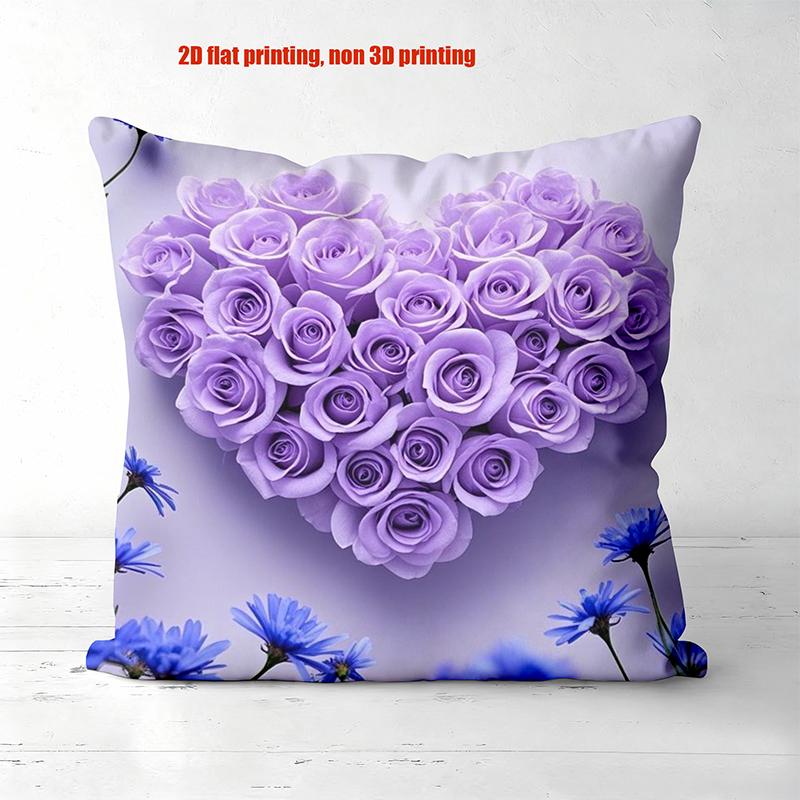 Purple Rose Heart Patterned Cushions 2D Flat Printed Polyester pillowcase, sofa decorative cushion cov Headboard Pillow