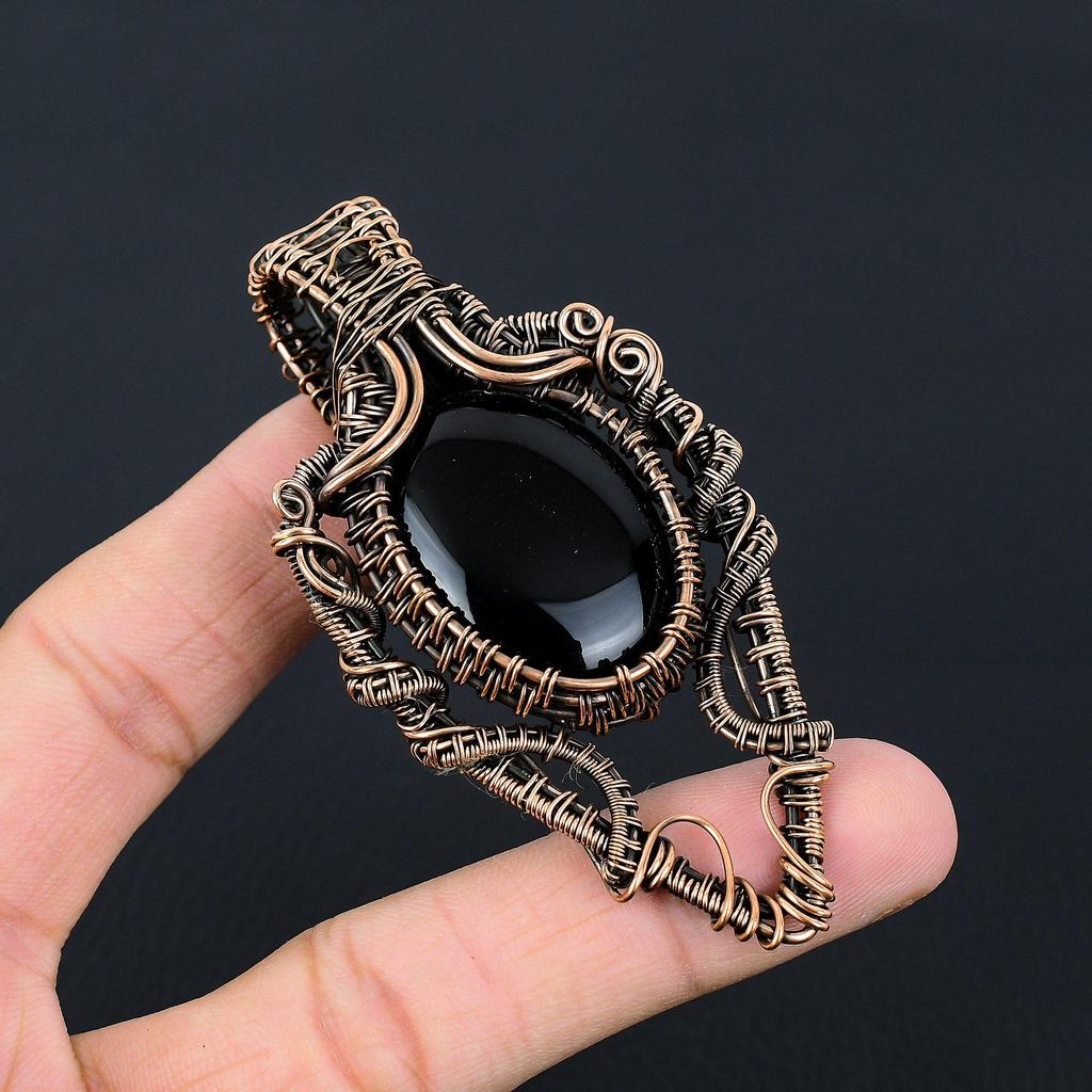 Black Onyx Gemstone Handmade Copper Wire Wrap Jewelry Pendant For Women