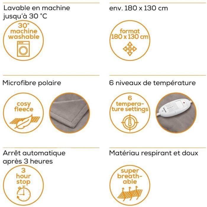 HD 75 - Couverture chauffante Taupe - Ultra douce, respirante et temprature réglable avec arret automatique- 180 x 130cm