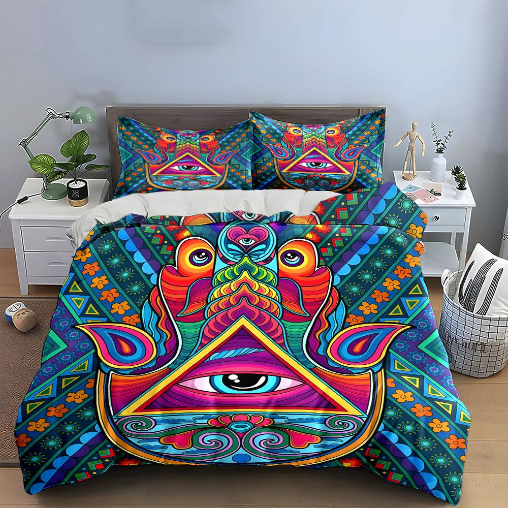 3Pcs Rainbow Hamsa Hand Mandala Bedding Set Boho Ethnic Eye Print Duvet Cover 2 Pillowcases Single Double King Queen Gift