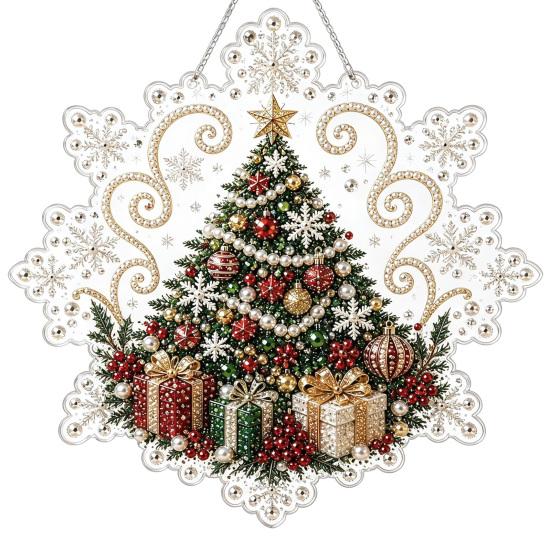 Handmade Christmas Tree Decor Faux Pearl Painting Suncatcher Kit, Acrylic Snowflake Shaped Board with Lace Relaxing Holiday Activity Edge, 3D Gemstone