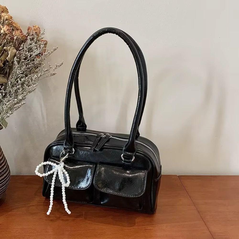 Solid Color Pocket Boston Tote Bag Korean Style Underarm Bag Temperament PU Bowling Bag  Travel