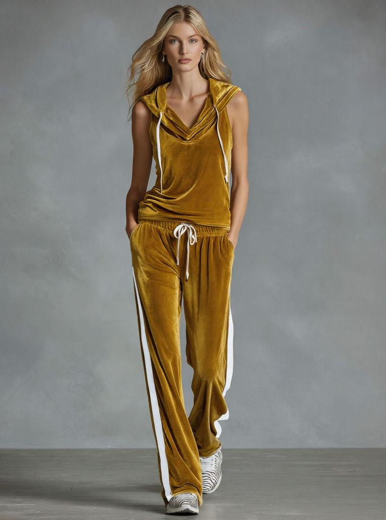 Europäisches Mode Gold Samt Ärmelloses Kapuzentop & Hose Set - Lässiger Stil