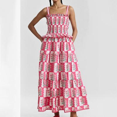 Women's Floral Swing Maxi Dress Spaghetti Strap Backless Smocked Midi Long Dress Boho Flowy Chiffon Flowy High Waist A Line Dresses for Women