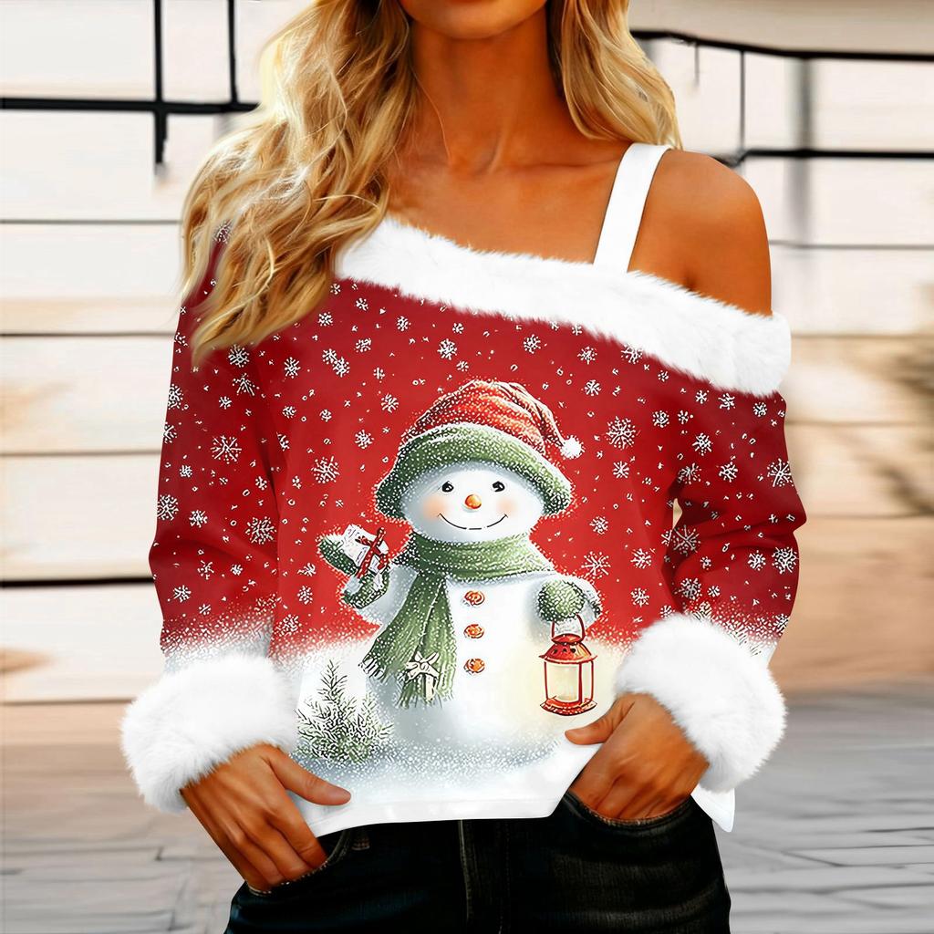 Women's Off-the-shoulder Plush Neck Printed Long-sleeved Pullover T-shirt Top