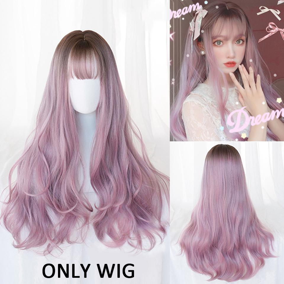 Buy Synthetic Wig Pink Long Natural Wave Wig With Bangs Lolita