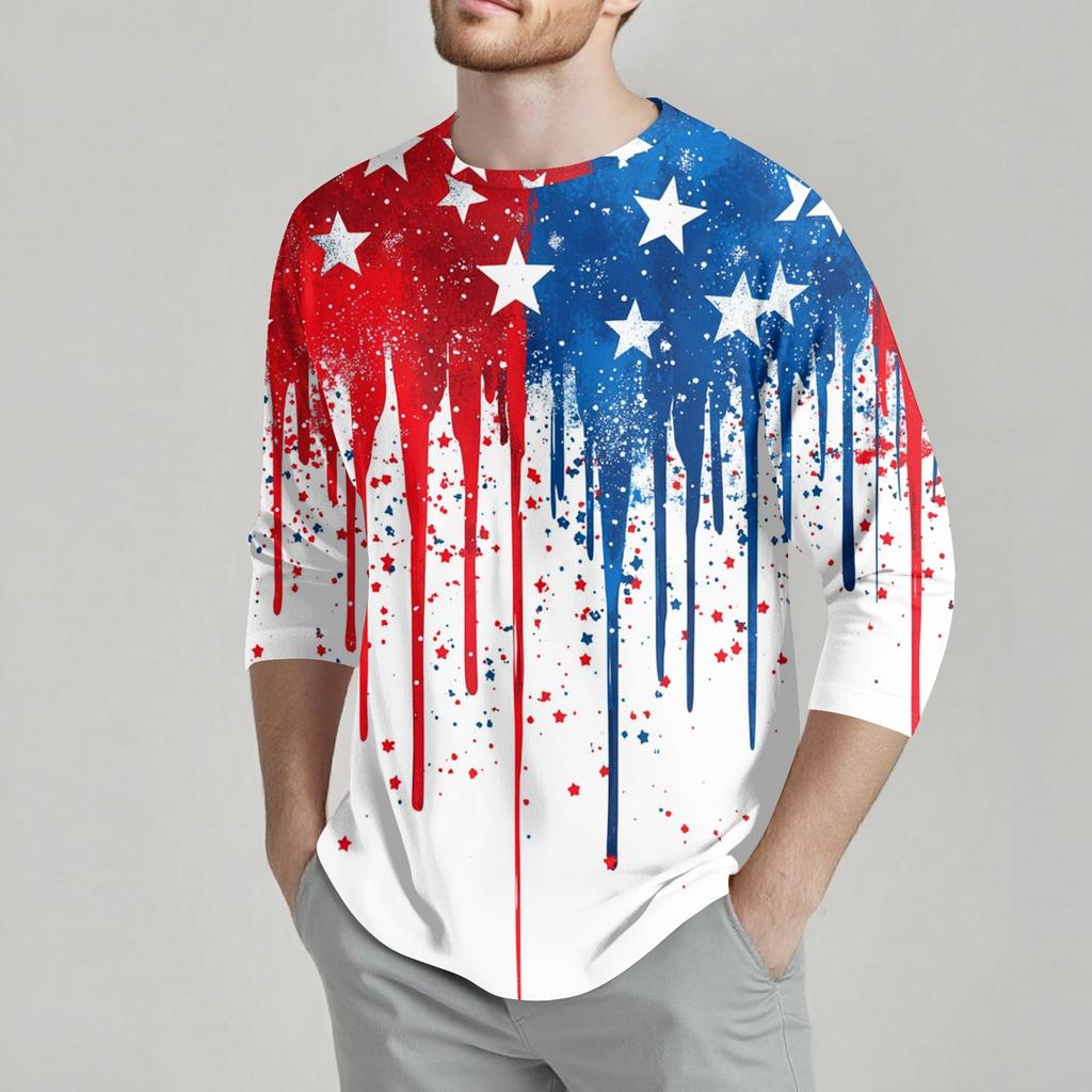 Herrenmode Lässiges T-Shirt mit Unabhängigkeitstag-Print am Hals und sieben Ärmeln