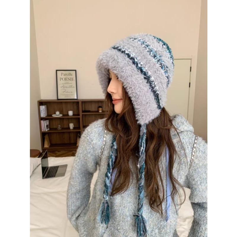 Winter new warm ear protection color rope plush hat women's plush thickened cycling pullover hat versatile windproof knitted wool