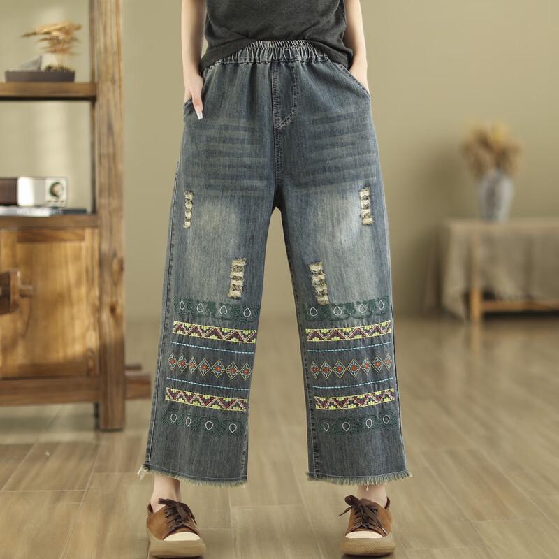LANGSHA Jeans Corti da Donna Etnici Ricamati e Usurati
