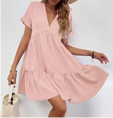 2024 Verão Novas Mulheres Vestem Fresco e Doce Decote Em V Cor Sólida Flare Casual Vestido Curto