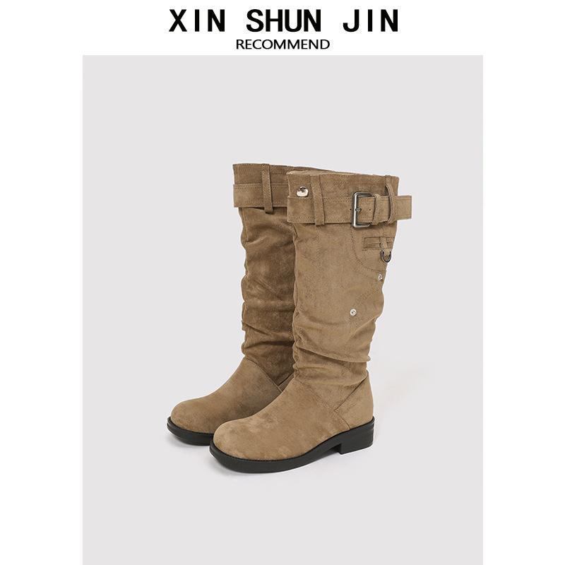 Maillard Pleated Pile Boots Women's Thick Heel Skinny Versatile Fashion Boots But Knee Boots Women's Western Knight Boots