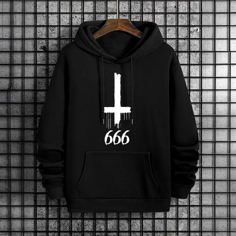 Urban Fashion Hip Hop Hooded Sweatshirt Male Trendy Casual Pullover Satan Inverted Cross 666 Symbol Streetwear Hoodies for Men