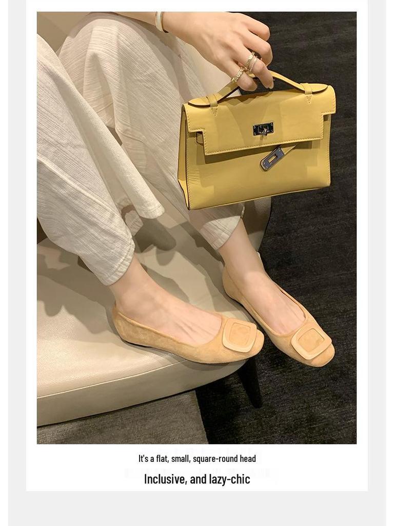 Autumn Round Toe Suede Commuter Flats: Elegant Square Buckle Design for Women