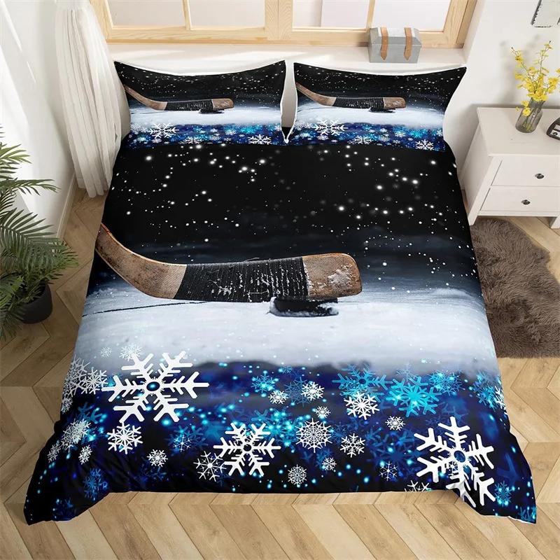 Hockey Duvet Cover Set 2/3pcs Hockey Sports Comforter Cover Polyester Hockey Puck Ball King Queen Size Quilt Cover For Boys