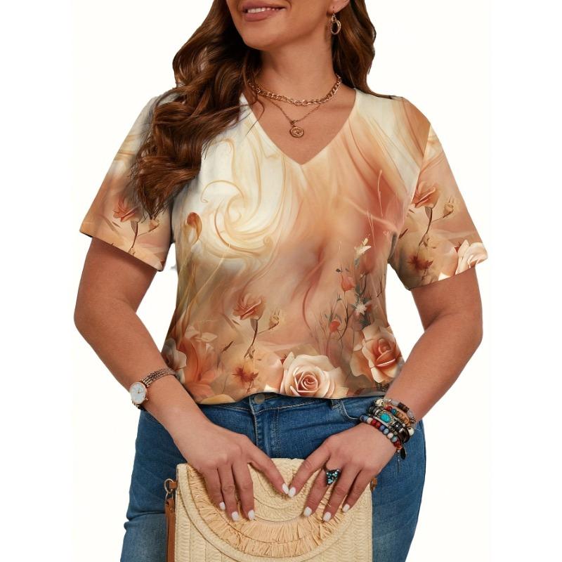 

Large Size Floral Print Casual V-Neck Short Sleeve T-Shirt S