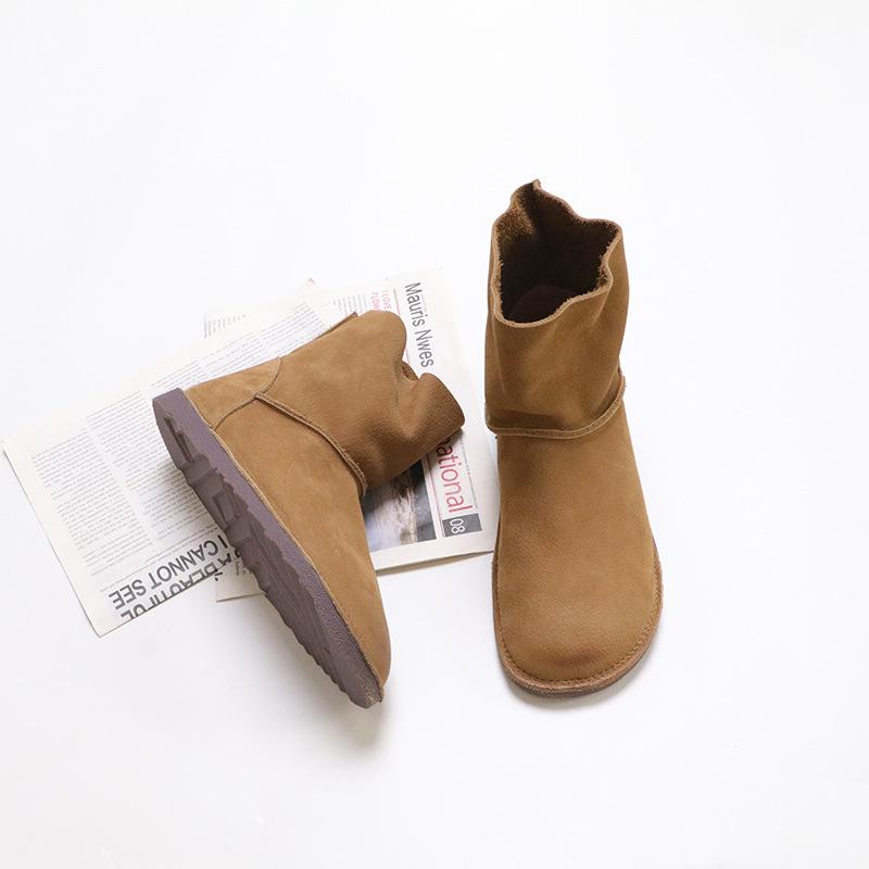 Johnature Vintage Handmade Genuine Leather Short Boots Solid Color Soft Cowhide Versatile Women Flat Boots