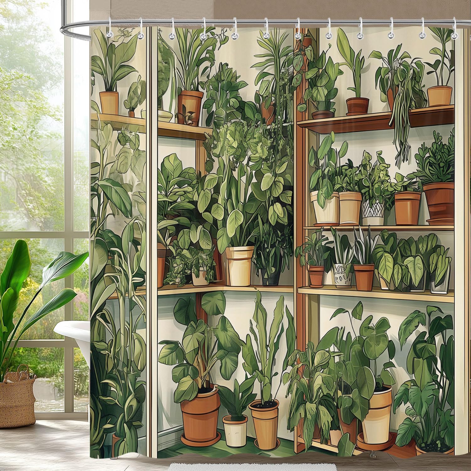 

Botanical Shower Curtain with Hummingbirds and Butterflies, White with Green Leaves Shower Curtain Set, Floral Design Bathroom 90x180CM