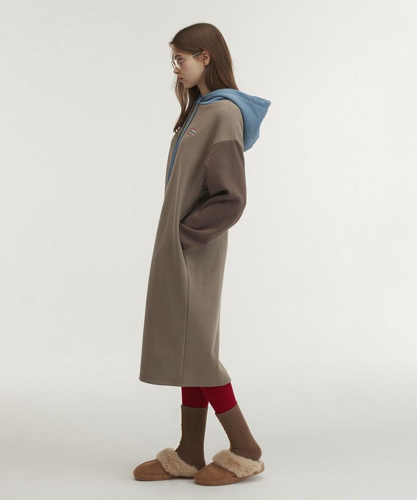 Between A And B Hooded Long Jersey Fleece-Lined Dress [Chocolate]