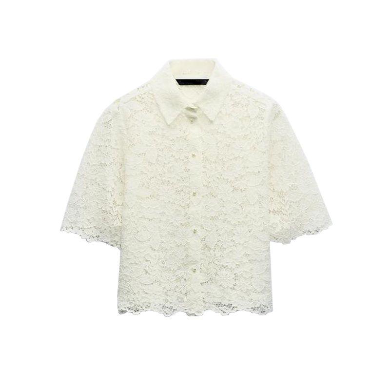 Spring New Lapel Short Sleeve Lace Short Top 3254490 High Waist Straight Ankle-length Pants 3278490